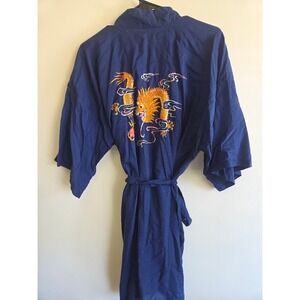 Vintage Health Brand Blue Cotton Dragon Embroidered Kimono Robe Large